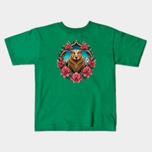 Olympic Marmot Surrounded By A Wreath Of Rhododendron Tattoo Style Art Kids T-Shirt
